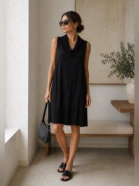 Eileen Fisher Black Sleeveless Cowl Neck Dress Size Large Minimalist Chic